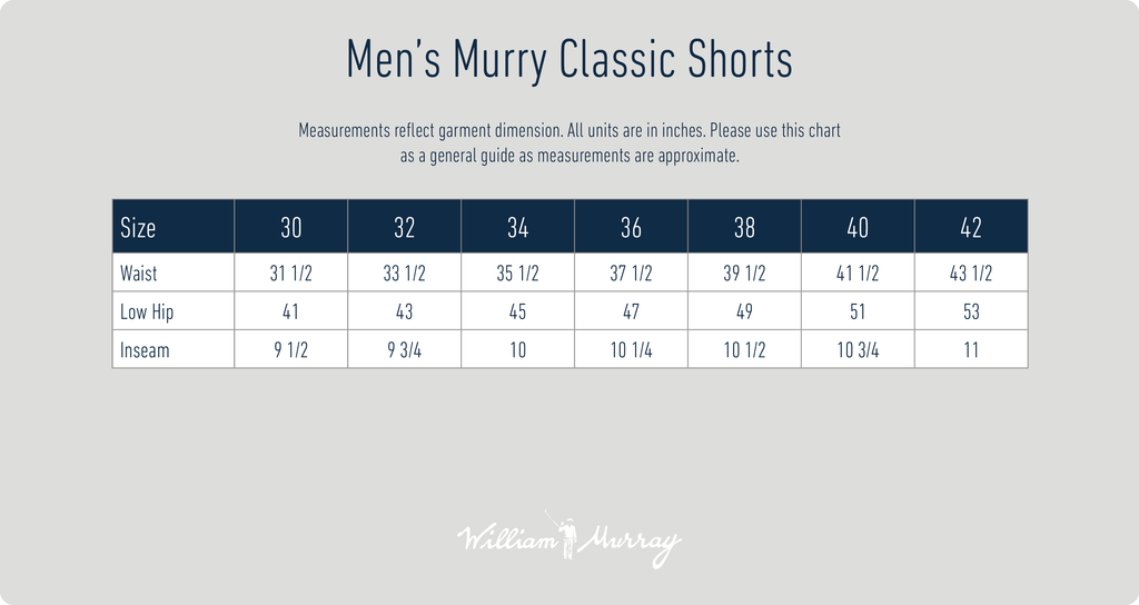 Men's Murray Classic Shorts Size Chart