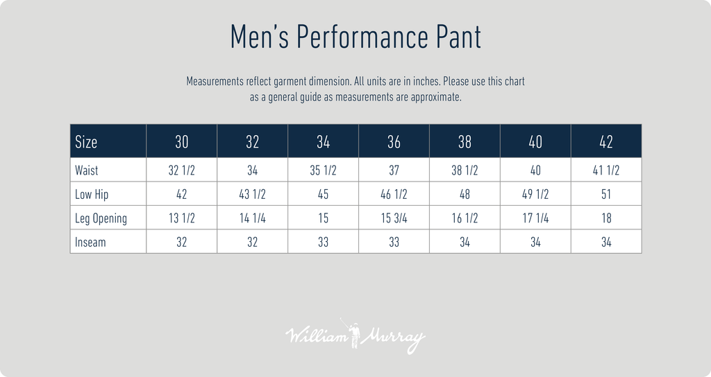 Men's Performance Pants Size Chart
