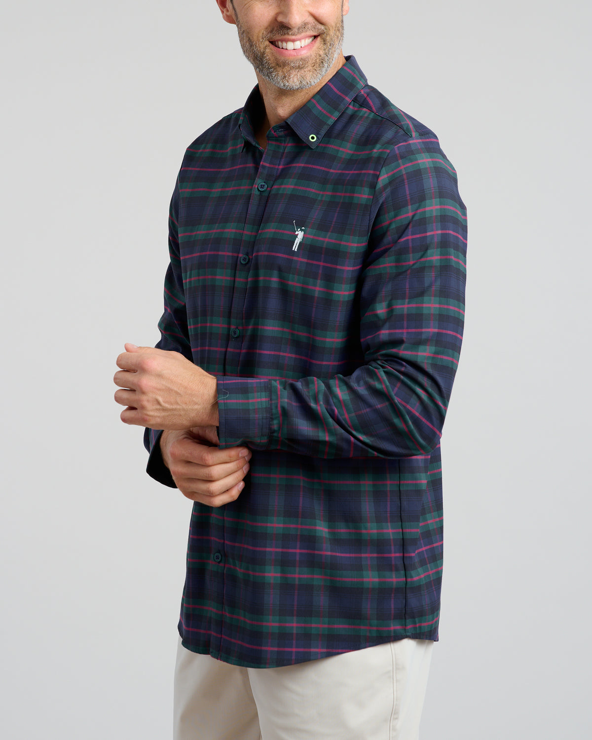 Dark Tartan Men's Long Sleeve Button Down | Angle | Studio | William Murray Golf