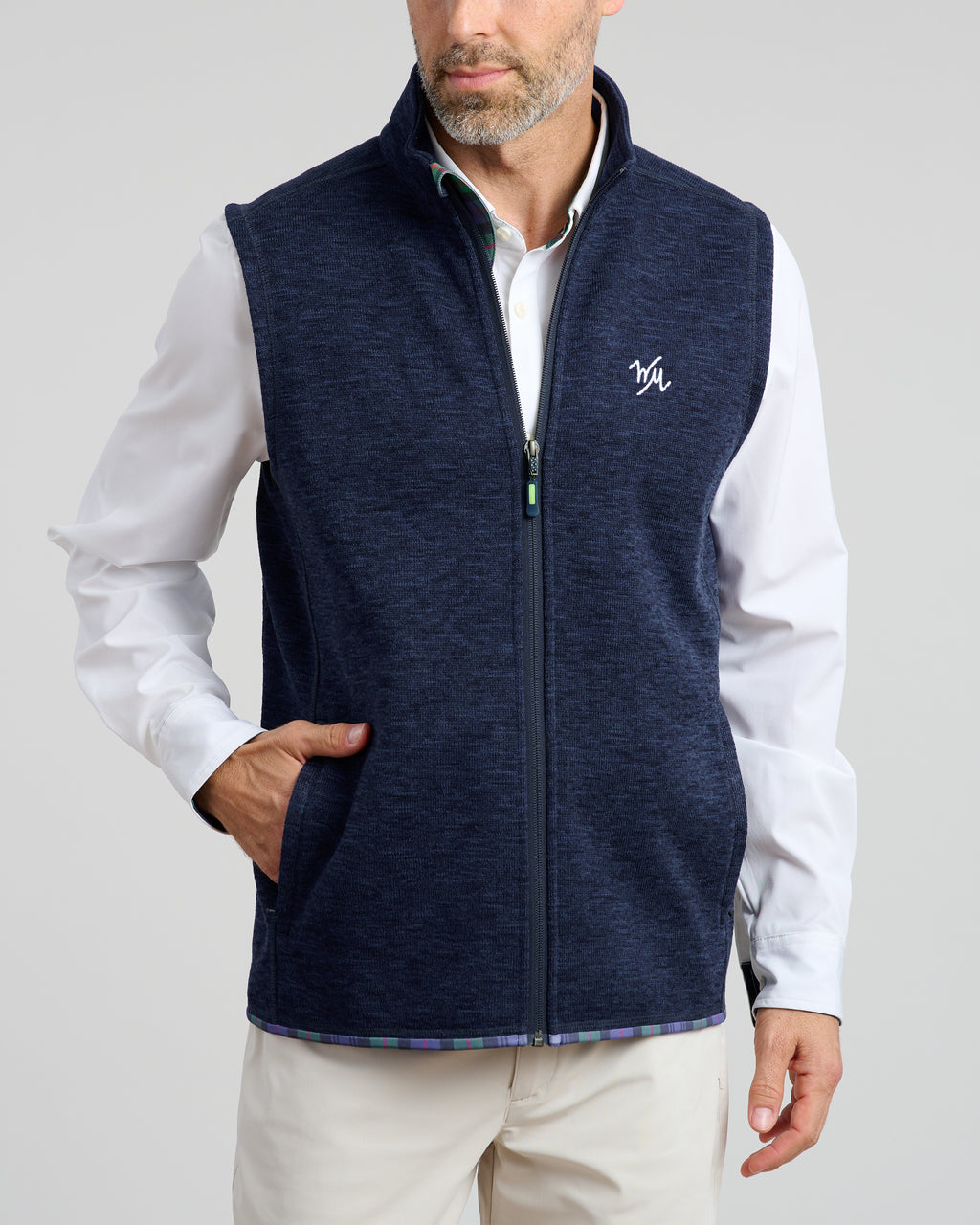 Flop Shot Men's Full Zip Vest | Navy | Front | Studio | William Murray Golf