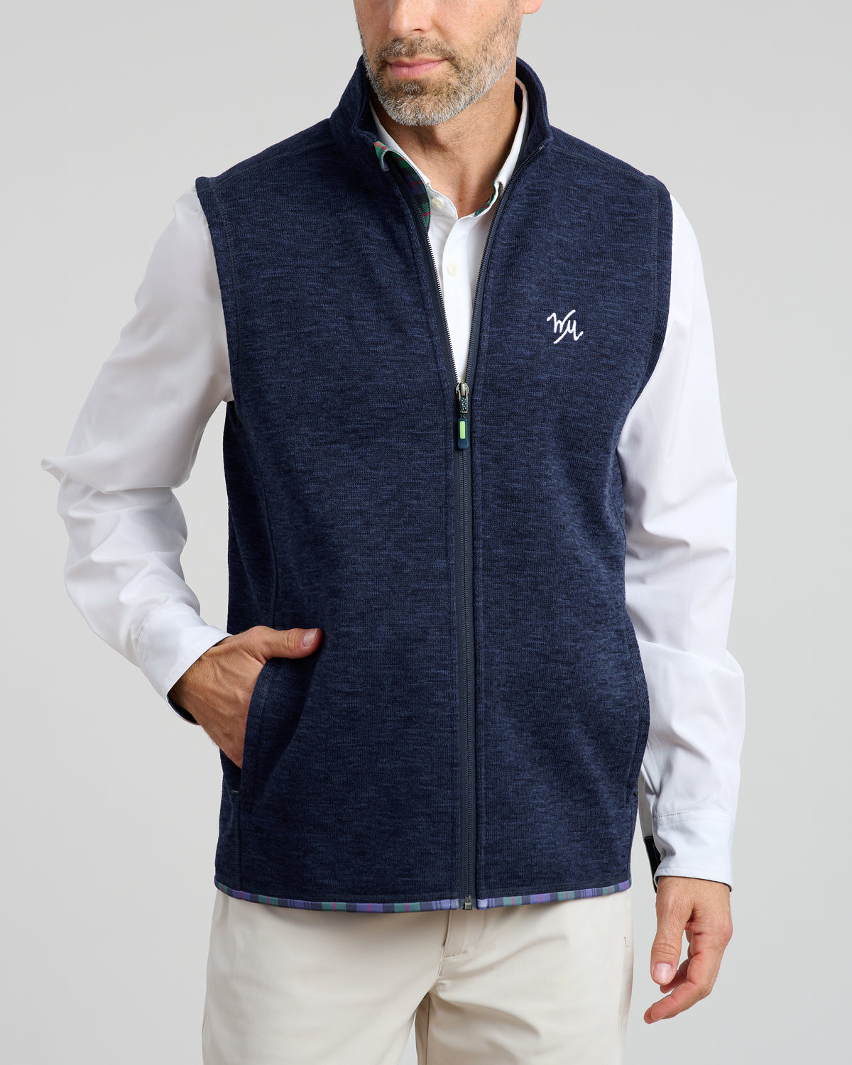 Flop Shot Men's Full Zip Vest | Navy | Front | Studio | William Murray Golf