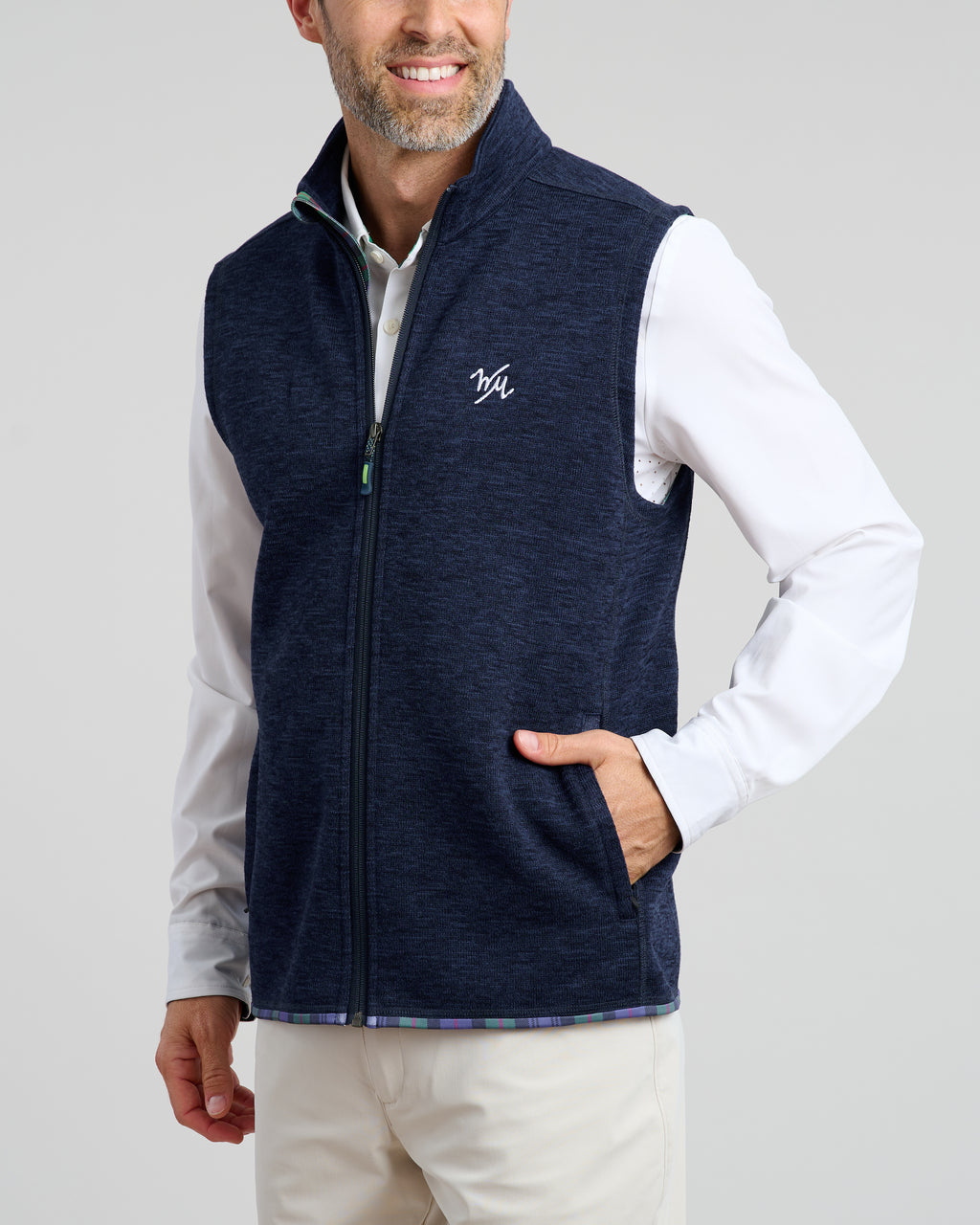 Flop Shot Men's Full Zip Vest | Navy | Angle | Pocket | William Murray Golf