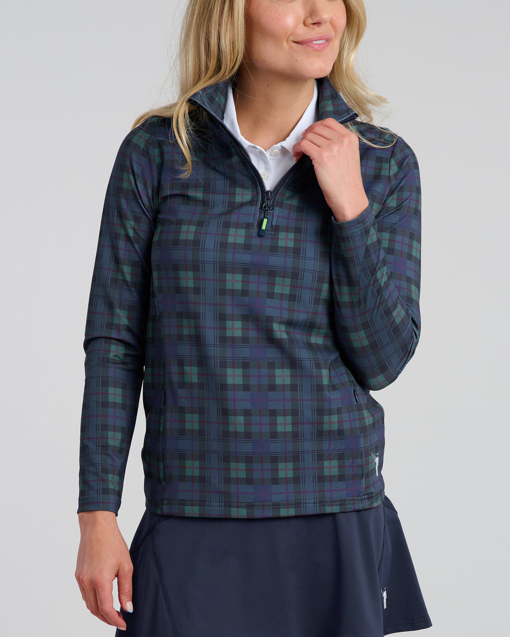 Dark Tartan Women's Chip Shot Pocket Pullover | Front | Studio | William Murray Golf