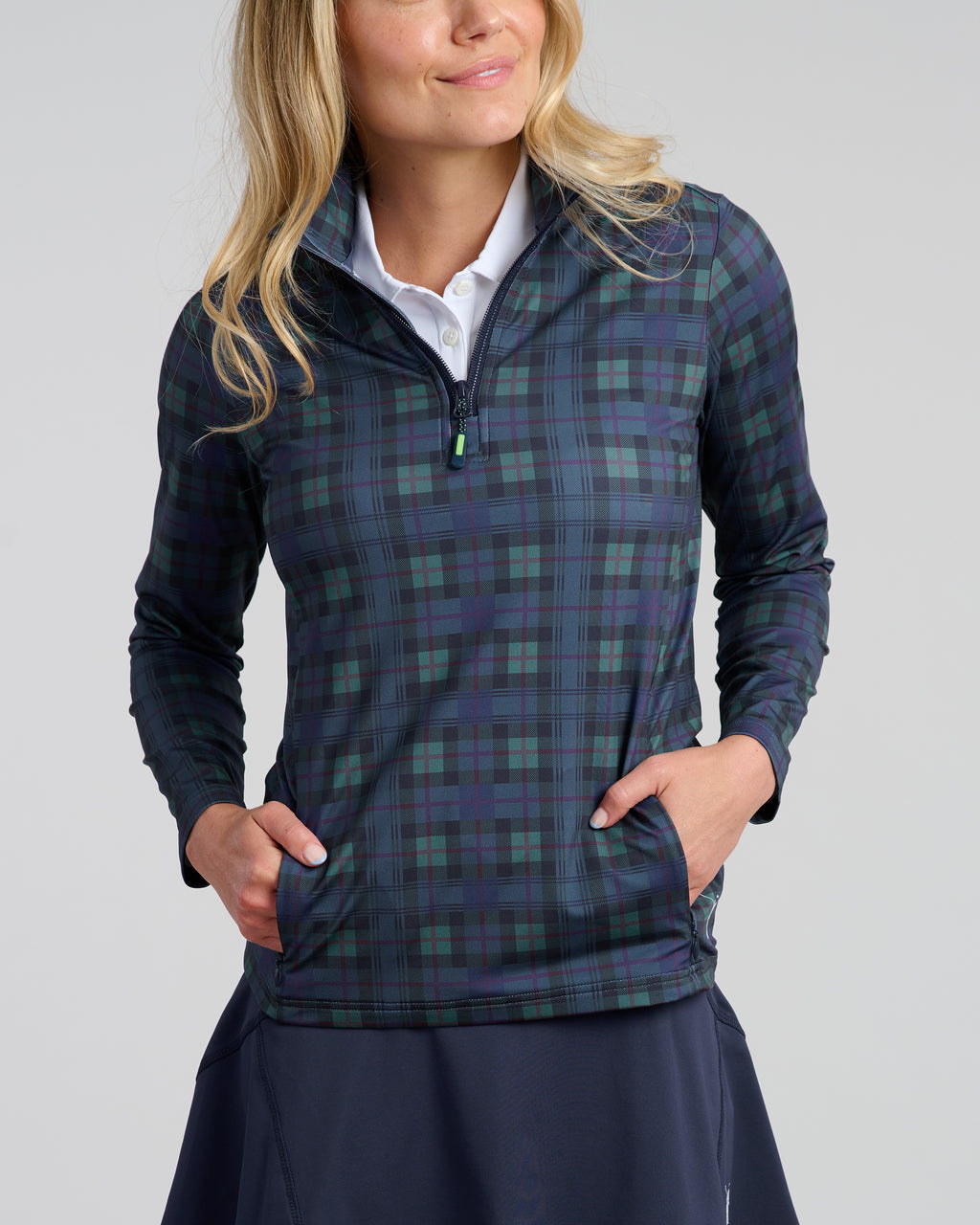 Dark Tartan Women's Chip Shot Pocket Pullover | Front 2 | Studio | William Murray Golf