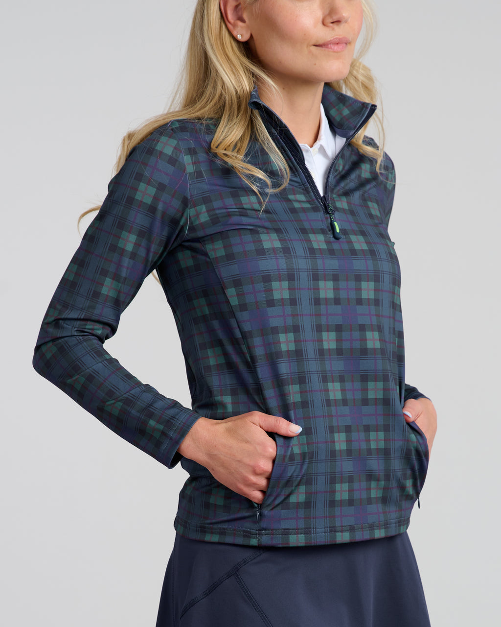 Dark Tartan Women's Chip Shot Pocket Pullover | Angle | Studio | William Murray Golf