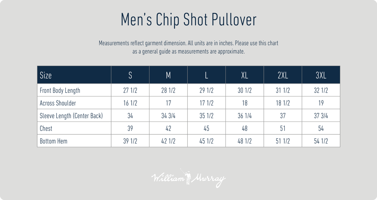 Men's Chip Shot Pullover Size Chart | William Murray Golf