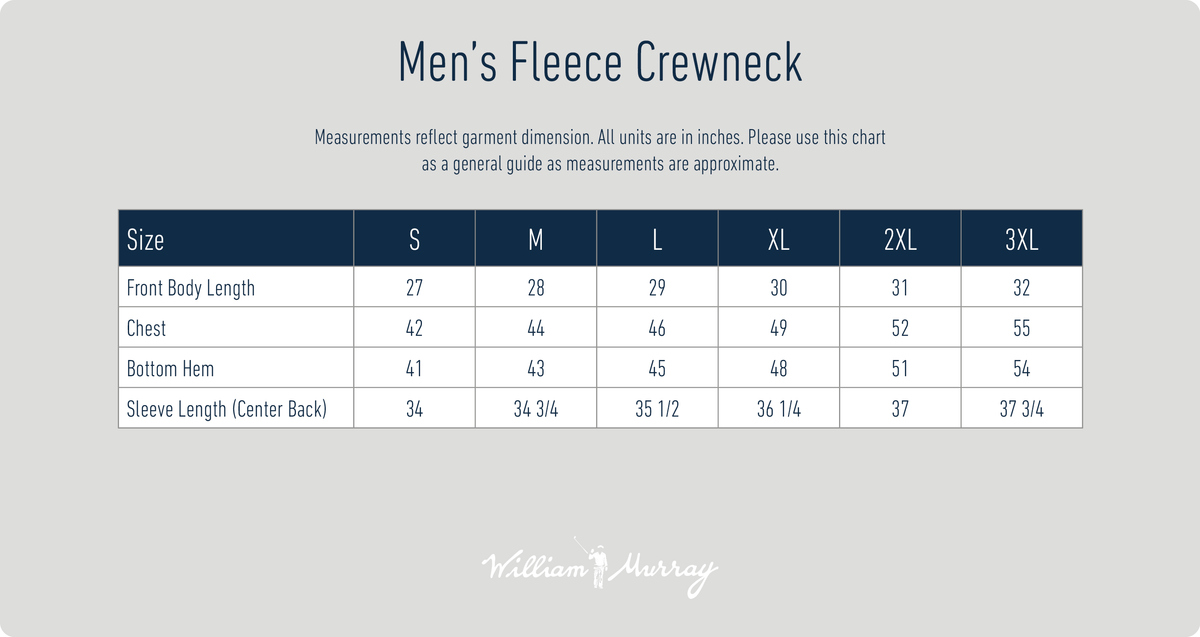 Men's Fleece Crewneck Size Chart | William Murray Golf