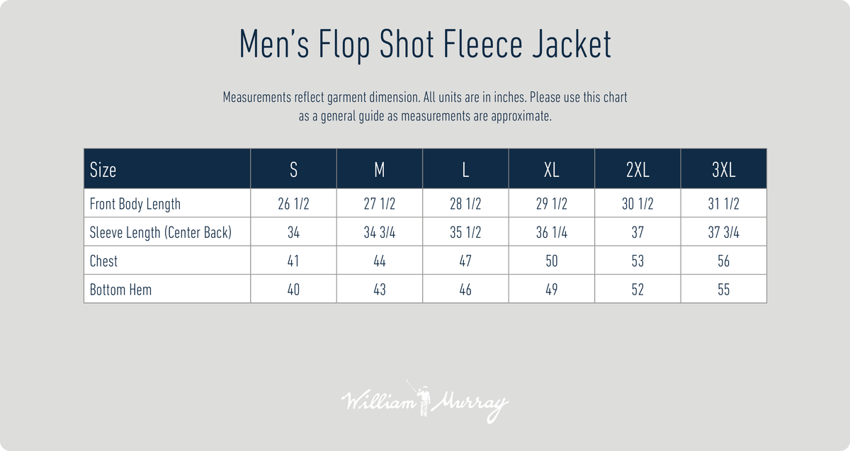 Men's Flop Shot Fleece Jacket Size Chart | William Murray Golf