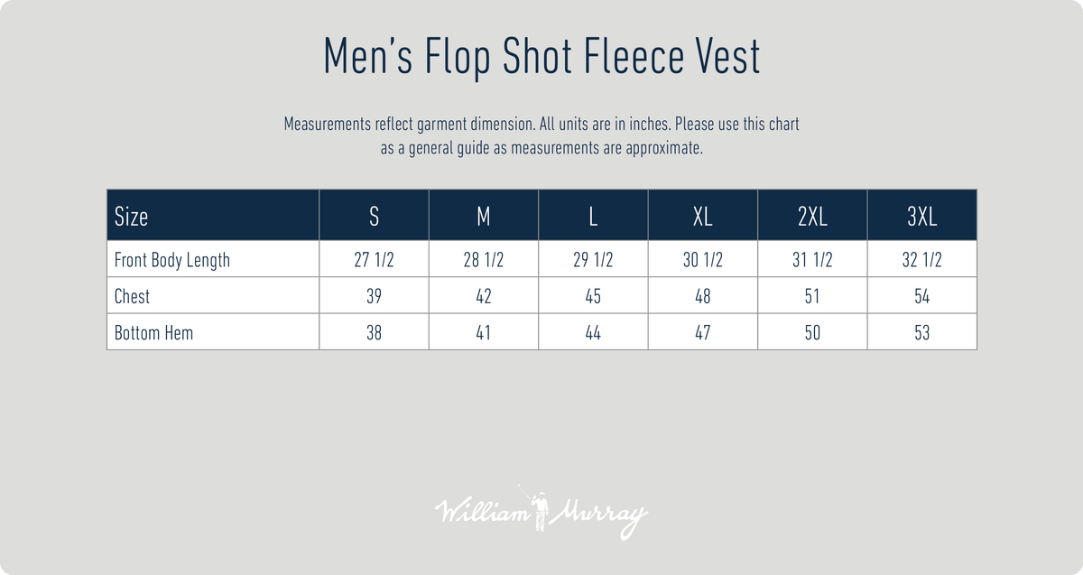 Men's Flop Shot Fleece Vest Size Chart | William Murray Golf