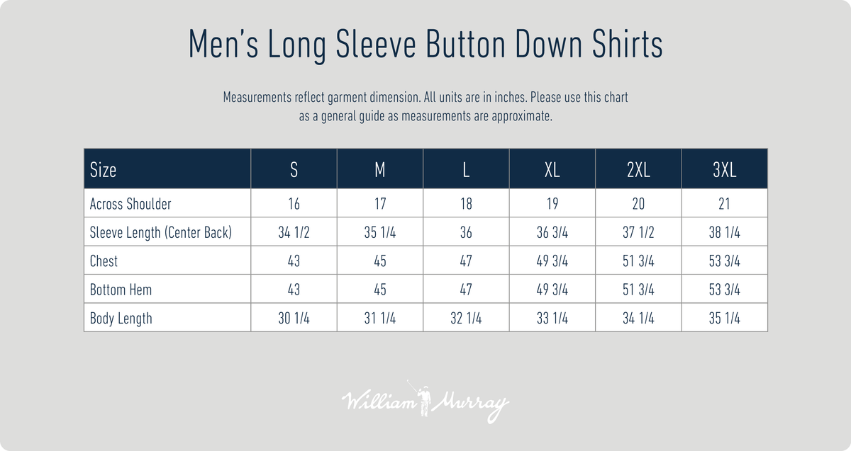 Men's Long Sleeve Button Down Shirts Size Chart | William Murray Golf