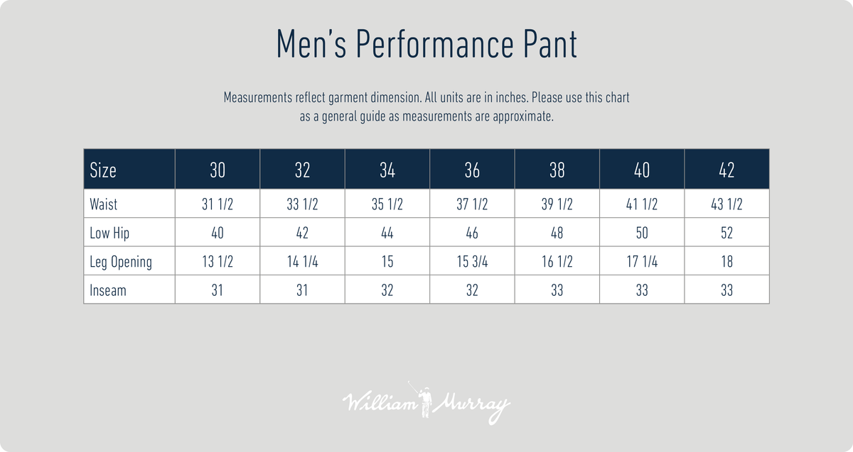 Men's Performance Pant Sizing Chart
