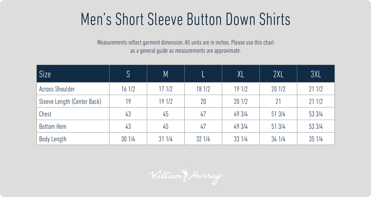 Men's Short Sleeve Button Down Shirts Size Chart | William Murray Golf