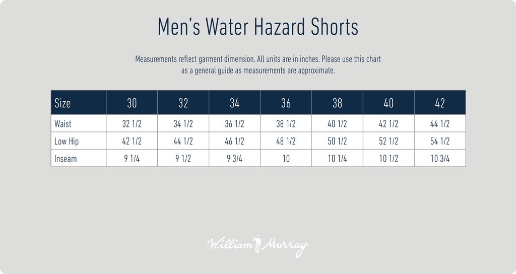Men's Water Hazard Shorts Size Chart