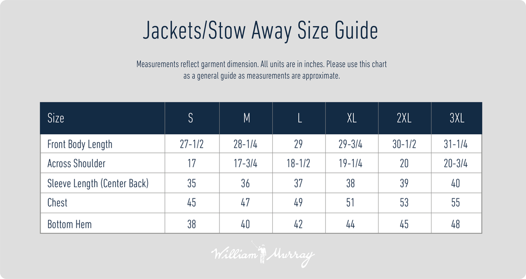 Men's Jackets / Stow Away Size Chart