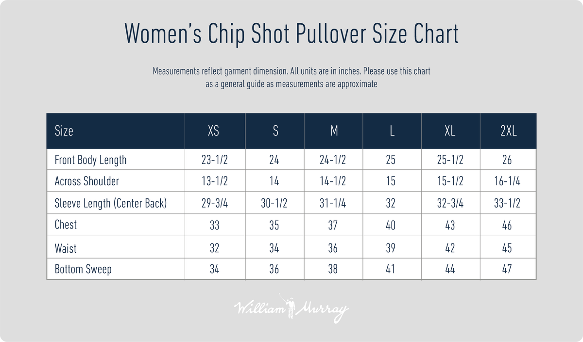 Women's Chip Shot Pullover Size Chart | William Murray Golf