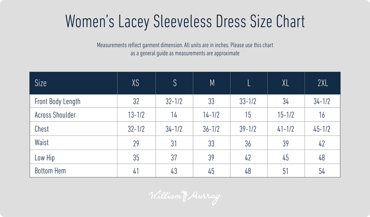 Women's Lacey Sleeveless Dress Size Chart | William Murray Golf