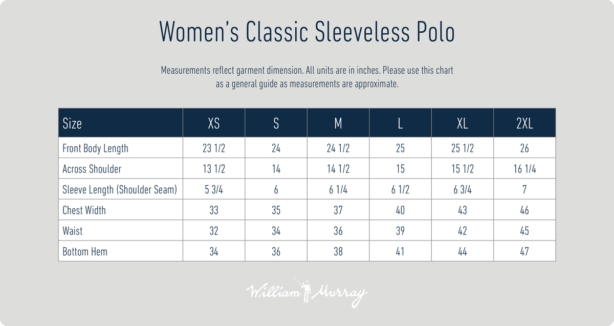 Women's Classic Sleeveless Polo Size Chart | William Murray Golf
