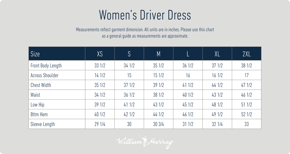 Women's Driver Dress Size Chart | William Murray Golf