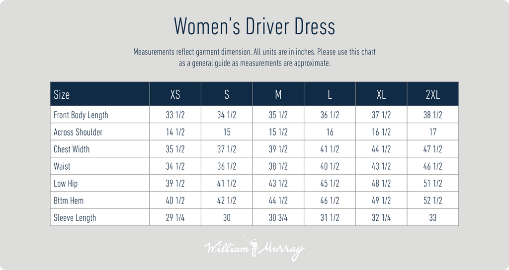 Women's Driver Dress Size Chart