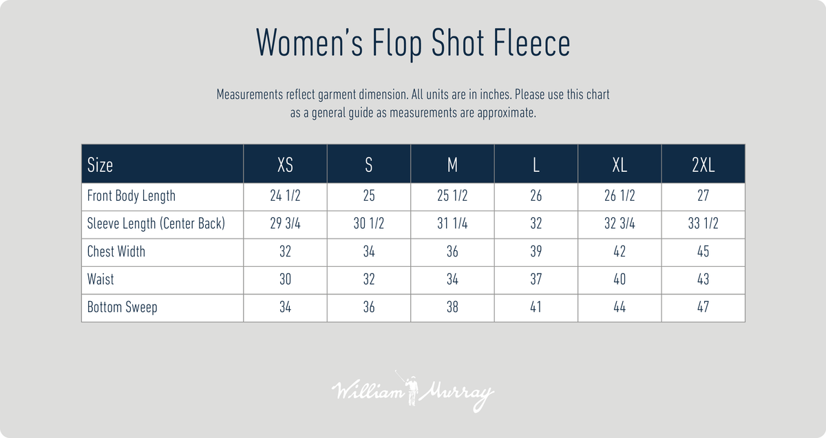 Women's Flop Shot Fleece Jacket Size Chart | William Murray Golf
