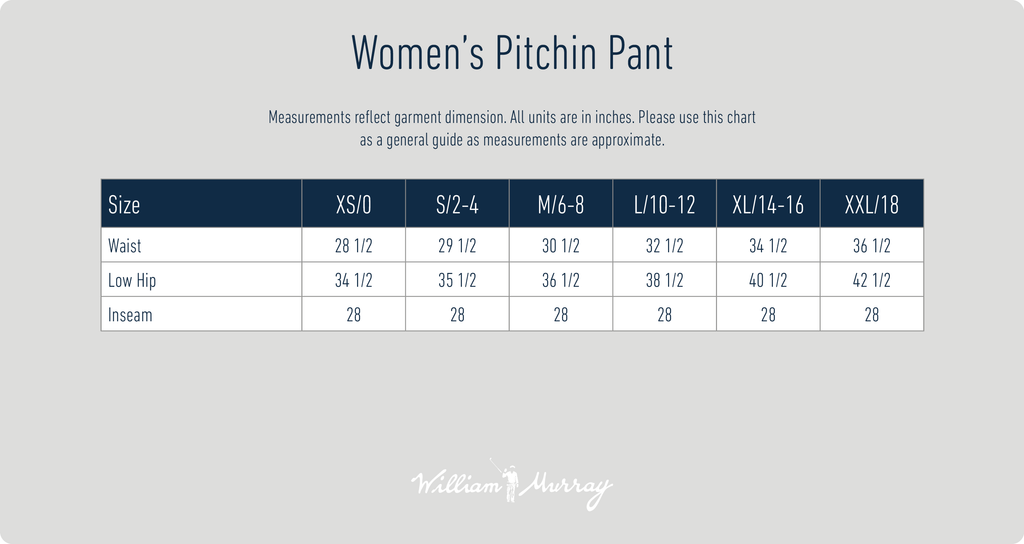 Women's Pitchin' Pants Size Chart