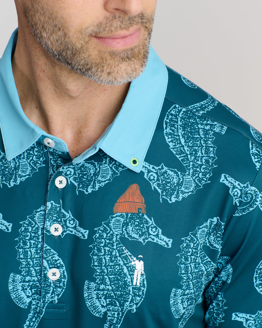 Horsin' Around Men's Polo | Dark Teal | Front | Detail | William Murray Golf
