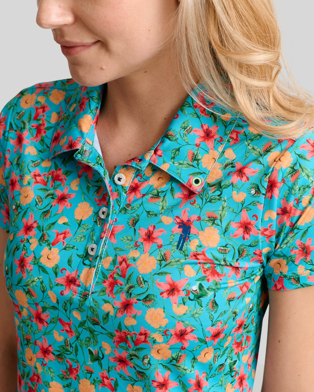 Little Shop of Florals Polo Dress | Sky Blue | Front Detail | William Murray Golf