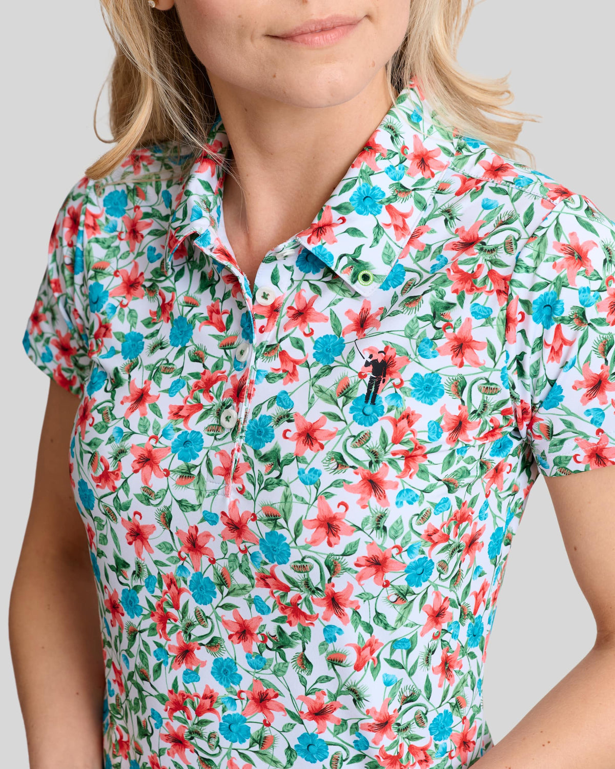 Little Shop of Florals Polo Dress | White | Front Detail | William Murray Golf