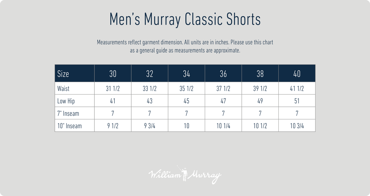 Men's Murray Classic Shorts Size Chart | William Murray Golf