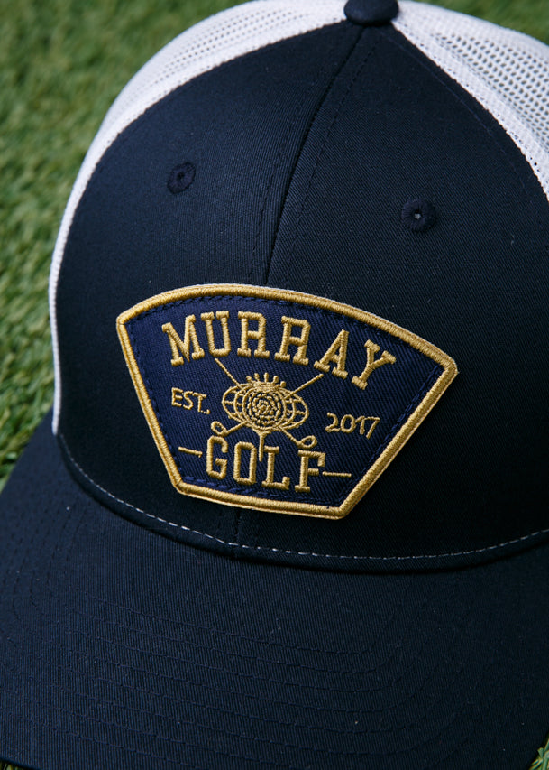 Murray Golf Patch Trucker Hat | Navy/White | Detail | William Murray Golf