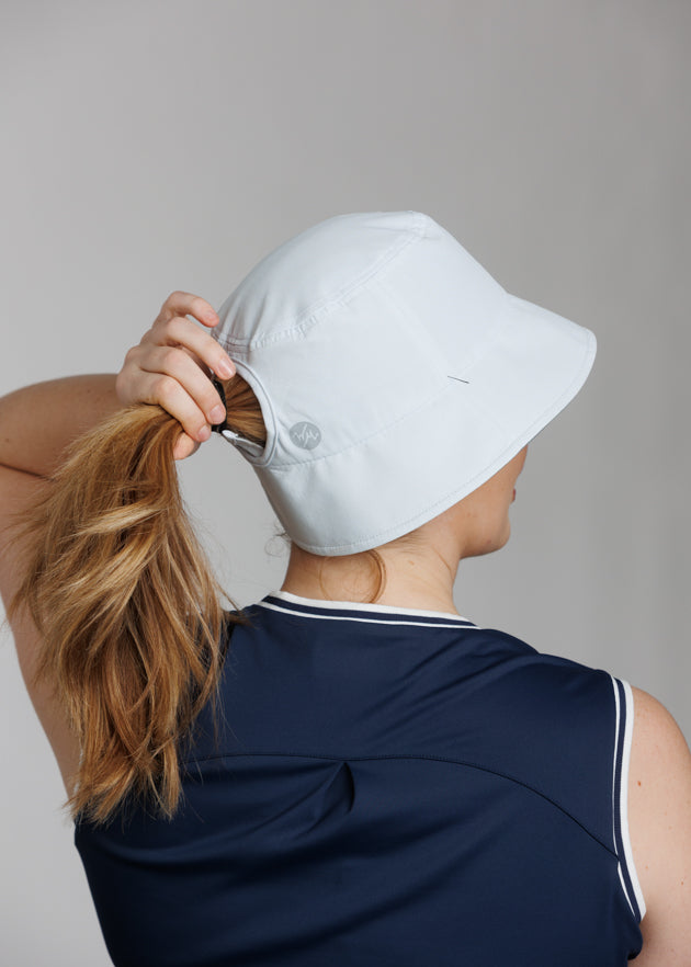 Women's High Ponytail Tech Bucket Hat | White | Back | William Murray Golf
