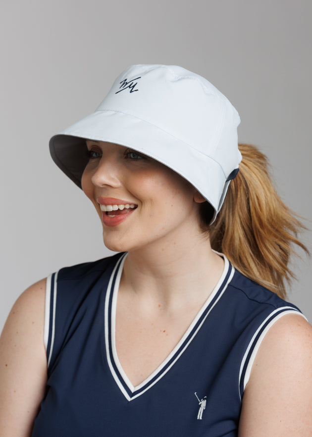 Women's High Ponytail Tech Bucket Hat | White | Angle | William Murray Golf